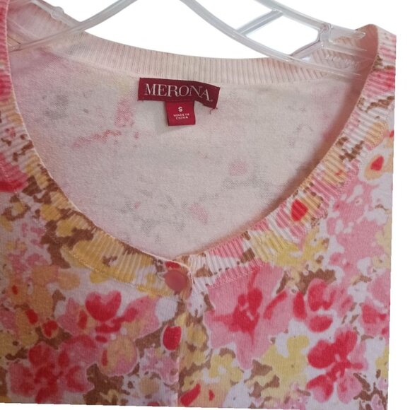 Merona Floral Print Cardigan Sweater Cotton Blend 3/4 Sleeves Mukticolor Small - Picture 3 of 10